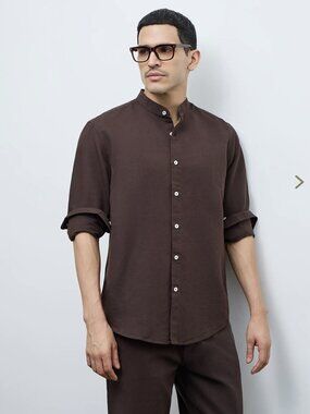 Ascot Linen Blend Brown Long Sleeve Button Down Shirt Men's Large Relaxed Fit